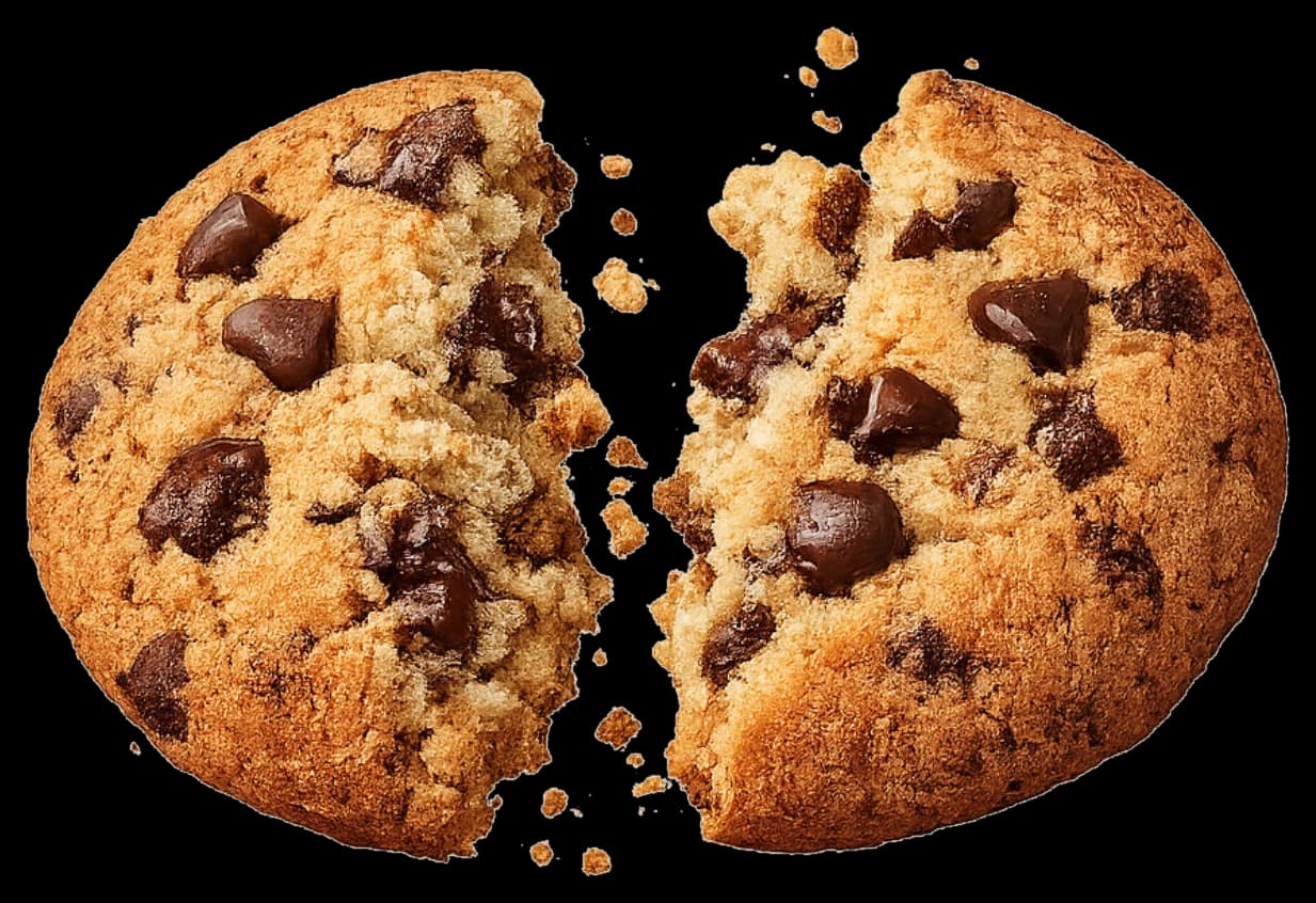 Cookie cassé en deux, pépites de chocolat fondant au cœur
